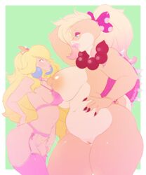 2girls anthro belly big_breasts big_lips blonde_hair breasts earrings female female_only green_background kokobuttz koopalings large_breasts long_hair long_ponytail looking_at_each_other mario_(series) multiple_girls naked narrow_waist necklace nintendo nipples partially_clothed ponytail princess_peach pussy simple_background size_difference standing thick_thighs tied_hair very_long_hair wendy_o._koopa white_border wide_hips yellow_scales yellow_skin