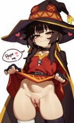 1girl 1girls ai-created ai_art ai_assisted ai_generated bandage barely_legal brat bratty brown_hair choker flashing flashing_pussy flat_chest flat_chested half-closed_eyes hi_res high_quality high_resolution highres kono_subarashii_sekai_ni_shukufuku_wo! konosuba lifting lifting_skirt looking_at_viewer lust lustful_gaze megumin minor_character nymphomaniac petite pussy pussy_focus pussy_lips rape_request red_eyes requesting short_hair showing_pussy simple_background slut_collar slutty_female small_waist smaller_female smug smug_expression smug_eyes smug_face smug_grin smug_smile standing thick_thighs tight_clothing wants_to_be_fucked wants_to_be_raped white_background witch_costume witch_hat wizard_hat