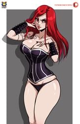 big_breasts boobs cleavage corset female_only full_cleavage hourglass_figure kyoffie large_breasts league_of_legends panties pentakill_series pentakill_sona red_eyes red_hair solo sona_buvelle tattoo thick_thighs thong