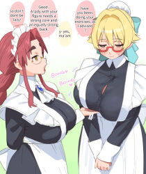 2girls blonde blonde_hair blushing boing colored_speech_bubble conto dialogue duo duo_female english english_text female female_only glasses gradient_background huge_breasts maid maid_apron maid_headdress maid_outfit maid_uniform red_hair speaking speech_bubble sweat_drop tagme talking text