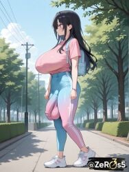 futanari big_penis big_balls large_penis saggy_balls ai_generated bulge flaccid_penis flaccid 1futa huge_cock bulge_through_clothing side_view big_breasts hyper_penis public tight_clothing visible tight_pants walking hyper_genitalia sagging_breasts