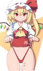 flandre_scarlet blonde_hair blonde_female blonde blonde-haired_female blonde_hair_female red_eyes mob_cap wings vampire vampire_girl rizento touhou touhou_project tagme 1girls 1girl 1female light-skinned_female light_skin simple_background image