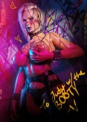 acdraart female solo cyberpunk_2077 cd_projekt_red mature_female blonde_hair meredith_stout breasts big_breasts nipples grabbing_own_breast female_only 1girls 3d