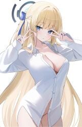 1girls absurdres alternate_costume alternate_hairstyle blonde_hair blue_archive blue_bow blue_eyes blue_nails blush bow braid breasts double_v female female_only hair_bow half_up_braid highres looking_at_viewer nannung no_bra no_panties no_pants open_mouth ponytail shirt solo toki_(blue_archive) v white_background white_shirt