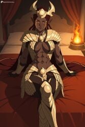 1girl abs ai_generated armor bed bikini_armor breasts breasts_apart brown_hair crossed_legs dark-skinned_female dark_skin digitalwaifugallery elf facial_mark fire hi_res high_quality high_resolution janai_(the_dragon_prince) large_breasts long_hair looking_at_viewer muscular muscular_female navel netflix on_bed orange_eyes patreon pauldrons pillow pointy_ears red_eyes seductive sexy shoulder_armor sitting solo uncensored watermark