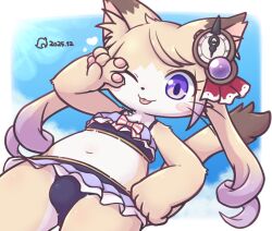 2025 anthro balls_outline blush border bulge cheeky cloud crossdressing_male detailed_bulge domestic_cat felid feline felis genital_outline looking_at_viewer low-angle_view mammal one_eye_closed purple_eyes rn_s_t sky solo tail tongue tongue_out white_border wink winking_at_viewer