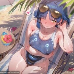 bocchi_the_rock! 2d absurdres absurd_resolution absurd_res highres high_resolution high_quality hi_res patreon watermark uncensured image 2026 ai_generated xdomikami 1girl solo breasts looking_at_viewer blush short_hair large_breasts hair_ornament closed_mouth cleavage bare_shoulders sitting blue_hair collarbone yellow_eyes swimsuit flower heart thighs outdoors earrings day hairclip mole cup covered_nipples wet mole_under_eye one-piece_swimsuit covered_navel skindentation highleg cameltoe chair umbrella beach sunglasses wavy_mouth eyewear_on_head patreon_username spoken_heart alternate_breast_size drinking_glass competition_swimsuit blue_one-piece_swimsuit drinking_straw drink highleg_swimsuit arm_under_breasts starfish wet_swimsuit two-tone_swimsuit beach_chair yamada_ryou
