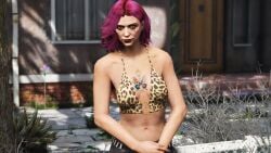 3d 3d_(artwork) 3dcg bare_shoulders beautiful_woman belt bikini_top black_leggings breast_tattoo brown_eyes cheetah_print cheetah_print_bikini cleavage collarbone dyed_hair edited_screencap female female_only game_cg game_mod grand_theft_auto grand_theft_auto_online gta_online_female_character happy_female high_resolution large_breasts leaning_against_fence leggings mature_woman modded navel pink_hair pink_hair_female rockstar_editor rowena short_hair short_hair_female smiling_at_viewer source_request standing tattoo