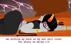1female 1girl 1girls 2026 alien alien_girl arched_back ass_focus ass_up black_hair black_pants color curvy curvy_body curvy_female curvy_figure digital_media_(artwork) female female_focus female_only fish_ear fish_ears glasses grey_body grey_skin homestuck homestuck_troll horn horns itsjustsarco laying laying_down laying_on_ground laying_on_stomach meenah_peixes meme_reference ms_paint_adventures nails nails_painted pink_glasses pink_nails pointy_ears solo solo_female solo_focus text thick_thighs thong thong_straps tight_pants troll unusual_skin unusual_skin_color wide_hips