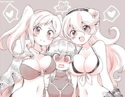 3girls belly belly_button big_breasts big_eyes bikini bikini_top blue_hair blush blush_lines blushing blushing_at_viewer breast_in_face breasts breasts_in_face cleavage coat_cape corrin_(female)_(summer)_(fire_emblem) corrin_(fire_emblem) corrin_(fire_emblem)_(female) eromame female_only fire_emblem fire_emblem_awakening fire_emblem_fates fire_emblem_heroes flat_chest hands_behind_back head_against_breast head_against_breasts long_hair looking_at_viewer lucina_(fire_emblem) manakete medium_hair midriff necklace nintendo open_mouth pigtails pointy_ears robin_(female)_(summer)_(fire_emblem) robin_(fire_emblem) robin_(fire_emblem)_(female) slim small_breasts smaller_female smile smiling smiling_at_viewer sweat sweatdrop tied_shirt