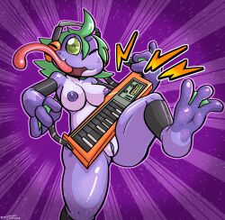 2026 3_fingers 3_toes amphibian anthro big_breasts big_butt breasts butt clitoris electronics feet felino female female_only fingers frog genitals green_eyes green_hair green_pupils green_sclera hair headgear headphones headset hi_res holding_musical_instrument holding_object horizontal_pupils keyboard_instrument keytar long_tongue looking_at_viewer membrane_(anatomy) mostly_nude musical_instrument nipples one_eye_closed pufropi pupils purple_background purple_body purple_nipples purple_skin purple_vulva simple_background smile smirk solo thick_thighs toes tongue tongue_out vulva webbed_feet webbed_hands