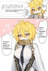 1girl 1girls big_breasts blonde blonde-haired_female blonde_female blonde_hair blonde_hair_female breast_milk breasts chain chained chained_collar chained_neck chained_up chained_wrists chains clothed clothed_female dialogue don_quixote_(limbus_company) female female_focus female_only index_(identity)_(project_moon) index_don_quixote kainarase_you limbus_company looking_down orange_body project_moon solo solo_female solo_focus tagme talking_to_self text text_bubble the_index_(project_moon) tie yellow_hair