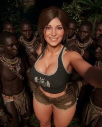 3d african african_male ai_generated ass bimbo booty breasts british_female clothed clothing dark-skinned_male dark_skin european_female forest interracial lara_croft light-skinned_female light_skin manhandling multiple_males muscular muscular_male pov selfie smile smiling surrounded surrounded_by_men tanktop thighs tomb_raider touching touching_ass tribal_male tribe tribesman white-skinned_female