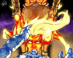 1girls 2boys capa double_penetration fire_hair hentaifungus nude penis prison_guard_position rape restrained sex smite sol_(smite) spitroast wrist_grab xbalanque_(smite) ymir_(smite)