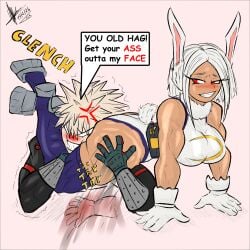 1boy 1girls anger_vein animal_ears annoyed annoyed_expression ass ass_slap between_thighs big_ass big_breasts blonde_hair blush breasts bubble_butt clothing dark-skinned_female dark_skin dialogue fat_ass female head_between_thighs headscissor hero_outfit_(mha) huge_ass katsuki_bakugou large_ass light-skinned_male light_skin male miruko muscular muscular_female my_hero_academia png rumi_usagiyama sixpathoffriendship slapping_ass spanking tail talking_to_another text thick_ass thick_thighs thunder_thighs toned toned_female white_hair wide_hips