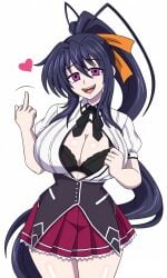 1girls solo solo_focus solo_female alone white_background cel_shading female female_only female_focus standing high_school_dxd akeno_himejima himejima_akeno dark_hair dark_blue_hair antenna_hair 2_antennae ribbon orange_ribbon pink_eyes black_ribbon white_shirt white_skin open_clothes open_shirt open_smile open_mouth black_bra school_uniform ponytail long_hair long_ponytail undressing red_skirt skirt pleated_skirt corset black_corset puffy_sleeves schoolgirl kuoh_academy_school_uniform kuoh_academy_uniform looking_at_viewer heart one_hand_up middle_finger teasing teasing_viewer bullying big_breasts big_boobs tits tits_out tits_bigger_than_head tits_focus huge_breasts