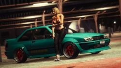 1girls 3d bare_shoulders beautiful_woman beige_hair bikini_top black_bikini_top black_jeans blush brown_hair_female collarbone edited_screencap female_focus female_only femsub game_cg grand_theft_auto grand_theft_auto_online gta_online_female_character high_heels high_resolution highres hyperspacedude jeans leaning_against_car mature_woman navel pink_fingernails rockstar_editor short_hair_female source_request sports_car text tight_jeans tomboy tomboyish white_high_heels wide_hips