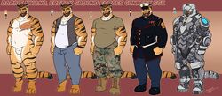 2016 4_toes animal_genitalia anthro armor balls beard belt black_stripes blue_bottomwear blue_clothing blue_pants boots bottomwear brown_boots brown_clothing brown_footwear brown_hair camo character_name chest_scar clothed clothing color_swatch facial_hair felid footwear fully_sheathed fur goatee green_clothing green_shirt green_topwear hair hat headgear headwear helmet male male_only mammal military_cap military_uniform moustache muscular muscular_male nipples nude orange_body orange_fur pantherine pants pattern_clothing penis scar sheath shirt slightly_chubby solo striped_body striped_fur stripes text thehungrysuccubus tiger toes topwear undershirt uniform vest visor white_clothing white_shirt white_topwear wristband