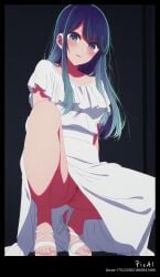 1girl long_hair blue_hair straight_hair gradient_hair bangs blue_eyes seductive blushing looking_at_viewer mature_female white_blouse tight long_skirt bare_legs sandals squatting seductive_pose feet_focus toes polished_toenails jewelry masterpiece best_quality ultra_realistic sharp_focus dramatic_lighting outdoor detailed_fabric detailed_skin realistic_proportions oshi_no_ko ai_generated pussy_visible kurokawa_akane