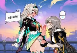 honkai:_star_rail tillian ai_generated firefly_(honkai:_star_rail) stelle_(honkai:_star_rail) trailblazer_(honkai:_star_rail) trailblazer_honkai_star_rail stelle_honkai_star_rail futanari multiple_girls 2girls futa_with_female penis grey_hair uncensored blush jacket long_hair erection speech_bubble english_text railing hairband open_mouth black_jacket white_shirt gloves huge_penis
