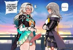 honkai:_star_rail tillian ai_generated firefly_(honkai:_star_rail) stelle_(honkai:_star_rail) trailblazer_(honkai:_star_rail) trailblazer_honkai_star_rail stelle_honkai_star_rail futanari penis multiple_girls erection 2girls blush grey_hair english_text long_hair skirt clothes_lift jacket sunset uncensored open_mouth hairband panties underwear railing blue_eyes