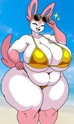1girl 1girls 2d 5_fingers aduri anthro anthro_female beach belly belly_button black_outline breasts cel_shading collarbone cute_fangs digital_drawing_(artwork) digital_media_(artwork) eyes_closed female golden_bikini golden_week hand-drawn hand_on_hip happy hi_res high_res hyper_arms hyper_belly hyper_boobs hyper_breasts hyper_hips hyper_tits obese obese_anthro obese_female open_smile outline overweight overweight_anthro overweight_female pokemon pokemon_(species) shaded slightly_chubby solo_female standing sunglasses sunglasses_on_forehead sylveon tagme tail thick_arms thick_thighs thighs three-quarter_view white_body white_fur wide_hips