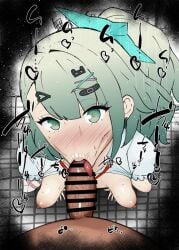 1boy 1girls :>= angels_of_delusion bare_shoulders big_penis blush breasts censored chinatsu_remiel colored dark-skinned_male dark_skin detailed_background drooling earrings erect_nipples eyelashes fellatio female green_eyes green_hair hairclip heart hoyoverse human indoor inside interracial kurotama looking_at_viewer male male_pov oral oral_sex penis ponytail room saliva shiny shiny_skin short_hair sketch small_breasts sound_effects squatting sunna_(zenless_zone_zero) sweat text tied_hair tongue tongue_out vein veins veiny veiny_penis visor zenless_zone_zero