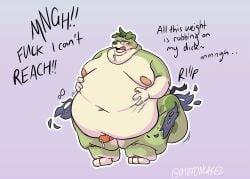 anthro aroused_face belly belly_grab big_belly big_butt big_moobs bodily_fluids bottomwear boxers_(clothing) brown_nose bursting_out_of_clothing butt canid canine canis chiffon_(chiffoncakez) chiffoncakez circle_eyebrows clothed clothing cum dialogue digital_drawing_(artwork) digital_media_(artwork) domestic_dog double_chin english_text erection expansion eyebrows facial_markings facial_spots fat_rolls floppy_ears fur genital_fluids genitals green_body green_eyes green_fur hair head_markings head_tuft hi_res leaking_cum male male_only mammal markings moan moobs morbidly_obese navel neck_tuft nipples obese obese_anthro onomatopoeia open_mouth overweight overweight_anthro pawpads paws penis pink_nipples signature simple_background solo solo_male sound_effects standing tan_body tan_fur tearing_bottomwear tearing_clothing tearing_underwear text thick_thighs tongue topless torn_clothing tuft underwear wardrobe_malfunction weight_gain