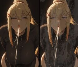 kono_subarashii_sekai_ni_shukufuku_wo! konosuba spit spitting spitting_on_face pov looking_at_viewer pov_eye_contact femdom humiliation puckered_lips disgusted ai_generated mayyreel bending_forward blonde_hair blonde_female blue_eyes ponytail large_breasts huge_breasts wide_hips thick_thighs darkness_(konosuba)