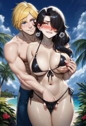 ai_generated big_breasts black_hair blonde-haired_male blush cinder_fall fingering jaune_arc molestation older_female_and_younger_male rubbing_pussy rwby steamy_breath sweat