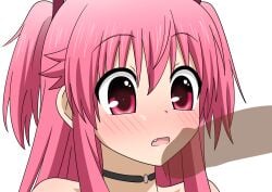 1boy 1girls angel_beats! bare_shoulders black_choker blush choker commentary_request downturned_eyes erection eyes_visible_through_hair fang female hair_between_eyes hetero highres kyodori_(oyogume) long_hair looking_at_penis open_mouth paid_reward_available partial_commentary penis penis_awe penis_shadow pink_hair portrait red_eyes sidelocks simple_background solo_focus tareme two_side_up white_background yui_(angel_beats!)
