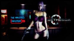 3d 3d_(artwork) 3dcg absurd_res assassin bare_shoulders beautiful_woman bethesda_softworks cleavage collarbone dekesinsider edited_screencap emotionless emotionless_female fallout_(series) fallout_new_vegas female female_only game_cg game_mod highres holding_gun huge_breasts leaning_to_the_side looking_at_viewer mature_woman nameless_character navel purple_hair_female purple_lingerie revolver short_hair source_request tagme text unnamed_character white_gloves