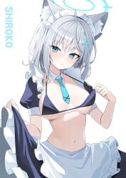 1girls absurdres alternate_costume animal_ear_fluff animal_ears apron bikini bikini_top_only black_bikini black_skirt blue_archive breasts cross_hair_ornament detached_collar enmaided female female_only frilled_apron frilled_skirt frills grey_hair hair_ornament halo halterneck highres lifting_own_clothes maid maid_apron maid_headdress medium_breasts mismatched_pupils nannung navel necktie puffy_short_sleeves puffy_sleeves pulling_own_clothes shiroko_(blue_archive) short_necktie short_sleeves shrug_(clothing) skindentation skirt stomach strap_pull string_bikini swimsuit waist_apron white_apron white_background wolf_ears