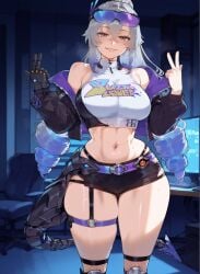 1girls ai_generated bare_shoulders big_ass big_breasts big_butt big_hips big_thighs black_thong blush boobaai breasts curvaceous curvaceous_female curvaceous_figure curvy curvy_figure deep_skin exposed exposed_midriff exposed_torso female female_focus fishnet_legwear front_view gamer_girl gamer_room glasses glasses_on_head gloves gray_eyes gray_hair groping hair hair_between_eyes hair_ornament honkai:_star_rail horny horny_female hoyoverse huge_ass huge_breasts huge_butt huge_thighs indoors jacket_on_shoulders jacket_open large_ass light-skinned_female light_skin lips long_hair mechanical_glove mechanical_tail mihoyo minidress minishorts monitor monitors navel neon neon_lights parted_lips pc peace_sign sexy short_clothing short_shorts silver_wolf_(honkai:_star_rail) silver_wolf_(lv.999)_(honkai:_star_rail) spiral_hair sweat thigh_strap thong thong_underwear toned_female toned_stomach top twintails voluptuous voluptuous_female wide_hips