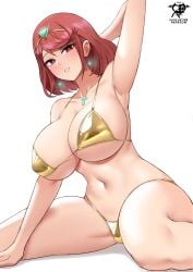 pyra xenoblade_(series) xenoblade_chronicles_2 nintendo monolith_soft colored tagme 1girls female female_only looking_at_viewer red_hair red_eyes alternate_costume golden_bikini bikini swimsuit golden_week core_crystal core_crystal_(xenoblade) hand_behind_head breasts huge_breasts navel thighs thick_thighs earrings tiara jewlery kaos_art