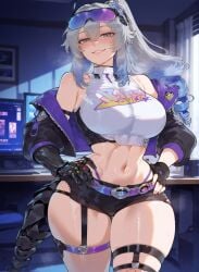 1girls ai_generated bare_shoulders big_ass big_breasts big_butt big_hips big_thighs black_thong blush boobaai breasts curvaceous curvaceous_female curvaceous_figure curvy curvy_figure deep_skin exposed exposed_midriff exposed_torso female female_focus fishnet_legwear front_view gamer_girl gamer_room glasses glasses_on_head gloves gray_eyes gray_hair groping hair hair_between_eyes hair_ornament hands_on_hips honkai:_star_rail horny horny_female hoyoverse huge_ass huge_breasts huge_butt huge_thighs indoors jacket_on_shoulders jacket_open large_ass light-skinned_female light_skin lips long_hair mechanical_glove mechanical_tail mihoyo minidress minishorts monitor monitors navel neon neon_lights parted_lips pc sexy short_clothing short_shorts silver_wolf_(honkai:_star_rail) silver_wolf_(lv.999)_(honkai:_star_rail) spiral_hair sweat thigh_strap thong thong_underwear toned_female toned_stomach top twintails voluptuous voluptuous_female wide_hips