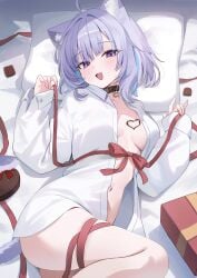 1girls :3 absurdres ahoge animal_ears black_choker box breasts cat_ears cat_girl chocolate choker collared_shirt colored_inner_hair commentary female female_only head_tilt highres hololive looking_at_viewer medium_breasts multicolored_hair naked_shirt nannung navel nekomata_okayu nekomata_okayu_(oversized_shirt) official_alternate_costume open_clothes open_mouth open_shirt purple_eyes purple_hair red_ribbon ribbon shirt short_hair smile solo stomach untranslatable_commentary valentine virtual_youtuber white_shirt