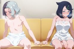 liko_(pokemon) lawlbw191 pokemon pokemon_horizons ai_generated futanari huge_cock huge_testicles embarrassed tagme 1girl 1boy amethio_(pokemon) futa_with_male blush after_sex after_bath sitting on_couch pinky_out pinky_swear smile side_by_side