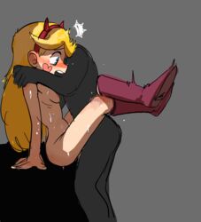 1boy 1girls ambiguous_penetration blonde_hair blue_eyes blush disney lakilolom leg_lock leg_wrap long_hair nipples nude pale-skinned_female rough_sketch star_butterfly star_vs_the_forces_of_evil sweat unseen_male_face