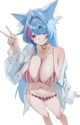 1girl absurdres animal_ear_fluff animal_ears annlee bell blue_hair blue_nails blush bra braid breasts cat_ears cat_girl cleavage collarbone commentary hair_ornament hand_up highres jingle_bell large_breasts long_hair long_sleeves looking_at_viewer loungewear mint_(leisurely_holiday)_(neverness_to_everness) mint_(neverness_to_everness) multicolored_hair nail_polish navel neck_bell neverness_to_everness official_alternate_costume one_eye_closed open_clothes open_shirt panties parted_lips pink_bra pink_eyes pink_panties pink_streaks shirt sideboob simple_background single_bare_shoulder smile solo standing stomach streaked_hair striped_bra striped_clothes striped_panties tagme thighs underwear vertical-striped_bra vertical-striped_clothes vertical-striped_panties very_long_hair white_background white_shirt x_hair_ornament