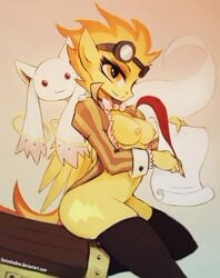 1girls anthro areolae bowtie breasts duo equine female foxinshadow friendship_is_magic goggles hair kyuubee mammal my_little_pony nipples orange_eyes pegasus puella_magi_madoka_magica sitting smiling spitfire_(mlp) teeth thighhighs wings