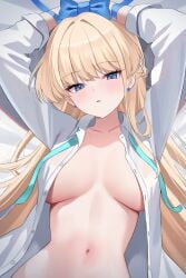 1girls absurdres arms_above_head belly_button blonde_hair blue_archive blue_eyes blue_ribbon blush breasts collarbone crown_braid dress_shirt earrings female female_only hair_intakes highres inner_sideboob large_breasts long_hair long_sleeves looking_at_viewer lying nannung navel on_back open_clothes open_shirt restrained ribbon shirt solo stomach toki_(blue_archive) white_shirt