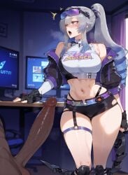 1girls ai_generated bare_shoulders big_ass big_breasts big_butt big_hips big_penis big_thighs black_body black_thong blush boobaai breasts curvaceous curvaceous_female curvaceous_figure curvy curvy_figure dark-skinned_male dark_penis dark_skin deep_skin exposed exposed_midriff exposed_torso female female_focus fishnet_legwear front_view gamer_girl gamer_room glasses glasses_on_head gloves gray_eyes gray_hair groping hair hair_between_eyes hair_ornament honkai:_star_rail horny horny_female hoyoverse huge_ass huge_breasts huge_butt huge_thighs indoors jacket_on_shoulders jacket_open large_ass light-skinned_female light_skin lips long_hair long_penis mechanical_glove mechanical_tail mihoyo minidress minishorts monitor monitors navel neon neon_lights parted_lips pc penis_awe penis_out sexy short_clothing short_shorts silver_wolf_(honkai:_star_rail) silver_wolf_(lv.999)_(honkai:_star_rail) spiral_hair sweat thigh_strap thong thong_underwear toned_female toned_stomach top twintails voluptuous voluptuous_female wide_hips