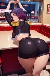 kiraamane ai_generated patreon seductive sexy uncensored watermark hi_res high_quality high_resolution yakumo_ezo mato_seihei_no_slave ass 1girl epaulettes skirt checkered red_eyes looking_back looking_at_viewer breasts thighs large_breasts solo miniskirt purple_hair short_hair blush checkered_floor jacket from_behind indoors smile arms_up pencil_skirt