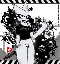 2000s_theme abstract_background anthro blood blood_drip bodily_fluids breasts danger_sign dialogue dripping felid feline female female_only femtanyl fur genitals gesture ghost510 graffiti hand_gesture hand_on_weapon hi_res knife looking_at_viewer mammal melee_weapon middle_finger small_breasts solo star token_(femtanyl) vulva weapon white_body white_fur