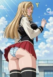 1girls academy_uniform_(bible_black) ai_generated accidental_circumstance arm_support ass ass_cleavage ass_focus bubbles bible_black big_breasts blackmail blonde_hair blush breasts cellphone city city_background drill_hair embarrassed exposed_ass faithful_to_the_anime female full_body fully_clothed green_eyes huge_breasts looking_away necktie outdoors panties pantyshot pantyshot_(standing) pinup pleated_skirt presenting presenting_ass presenting_hindquarters railing raised_leg rear_view rooftop round_ass school school_rooftop school_uniform schoolgirl shiraki_rika shirt shoes shy skirt skirt_lift solo solo_focus shimapan striped_panties standing stockings student_council_president suspenders thighhighs underass underwear uniform very_long_hair vest voluptuous wind_lift
