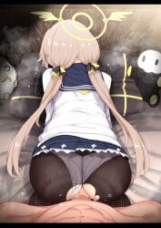 1boy 1girl ass blue_archive censored clothed_sex clothing_aside commentary_request commission doggystyle fumutarou halo hetero hifumi_(blue_archive) highres long_hair low_twintails mosaic_censoring panties panties_aside panties_under_pantyhose pantyhose peroro_(blue_archive) pov school_uniform sex sex_from_behind skeb_commission skullman_(blue_archive) torn_clothes torn_pantyhose twintails underwear vaginal white_panties yellow_halo