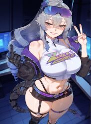 1girls ai_generated bare_shoulders big_ass big_breasts big_butt big_hips big_thighs black_thong blush boobaai breasts curvaceous curvaceous_female curvaceous_figure curvy curvy_figure deep_skin exposed exposed_midriff exposed_torso female female_focus fishnet_legwear front_view gamer_girl gamer_room glasses glasses_on_head gloves gray_eyes gray_hair groping hair hair_between_eyes hair_ornament honkai:_star_rail horny horny_female hoyoverse huge_ass huge_breasts huge_butt huge_thighs indoors jacket_on_shoulders jacket_open large_ass light-skinned_female light_skin lips long_hair mechanical_glove mechanical_tail mihoyo minidress minishorts monitor monitors navel neon neon_lights parted_lips pc peace_sign sexy short_clothing short_shorts silver_wolf_(honkai:_star_rail) silver_wolf_(lv.999)_(honkai:_star_rail) spiral_hair sweat thigh_strap thong thong_underwear toned_female toned_stomach top twintails voluptuous voluptuous_female wide_hips