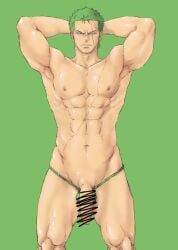 reito_raichi one_piece fundoshi fundoshi_only penis_out balls_under_clothes normal_penis simple_background hands_behind_head abs six_pack censored censor_bar roronoa_zoro zoro zoro_(one_piece) bara barazoku bara_tits bara_tiddies 1boy male male_only male_focus manly masculine_male gay yaoi solo solo_focus solo_male muscular muscular_male muscles defined_muscles hunk beefy tough_guy bigger_male larger_male post-timeskip exibitionism frown frowning looking_at_viewer scars scar_on_face scar scar_across_eye scar_on_chest green_hair earrings japanese_male pirate penis big_dick_energy penis_down flaccid biceps flexing_bicep flexing_both_biceps hairless