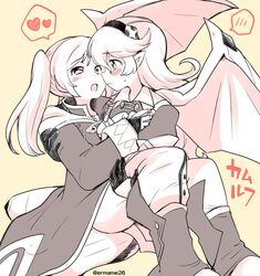 2girls black_and_white blush color corrin_(fire_emblem) corrin_(fire_emblem)_(female) eromame fire_emblem fire_emblem_awakening fire_emblem_fates hairband human lesbians long_hair manakete mouth_open open_mouth robin_(fire_emblem) robin_(fire_emblem)_(female) simple_background tagme video_games yuri